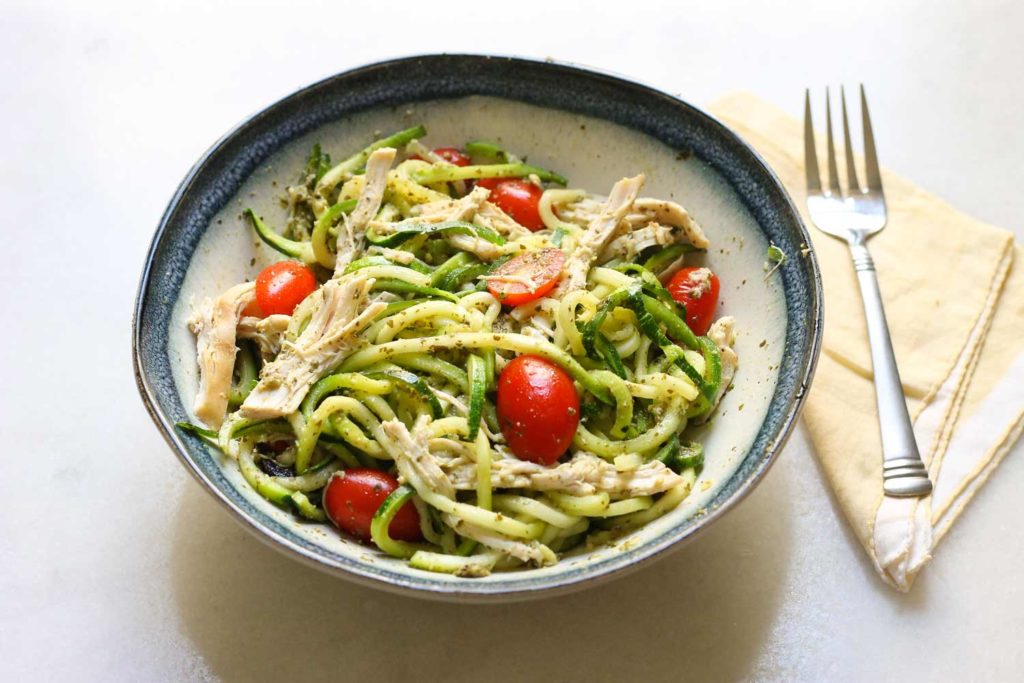 rotisserie chicken with zoodles pesto and tomatoes 