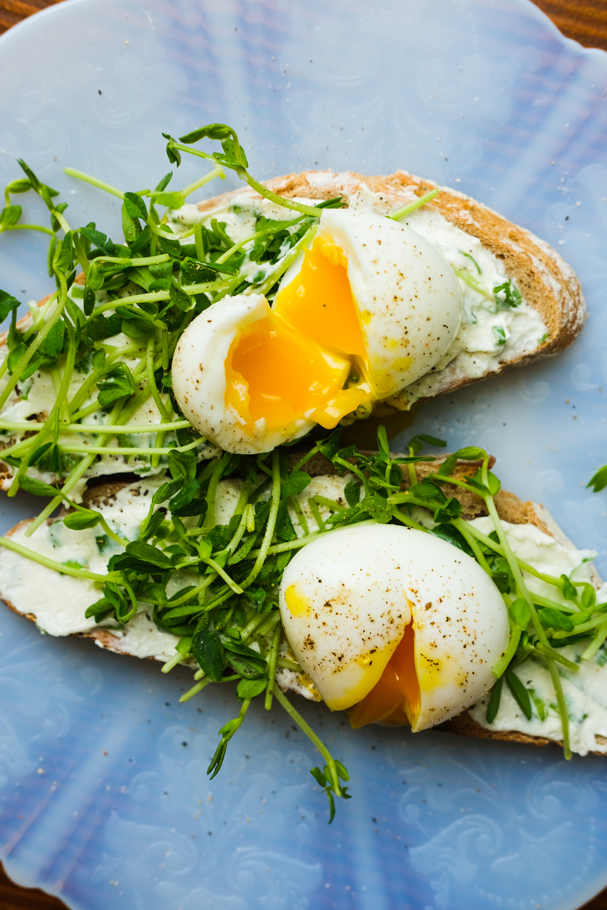jammy eggs on toast with sprouts and chive cream cheese