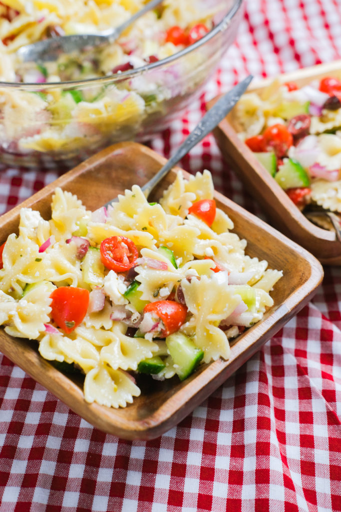 bowls of greek pasta salad