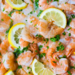 shrimp in a garlic lemon white wine sauce with parsley