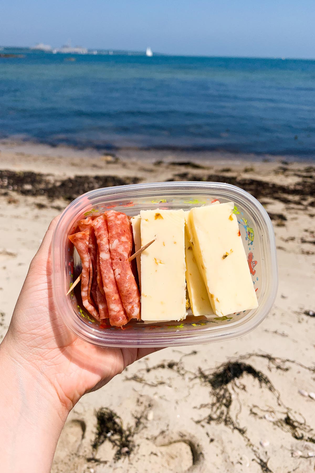 slices of salami and cheese in a container on the beach