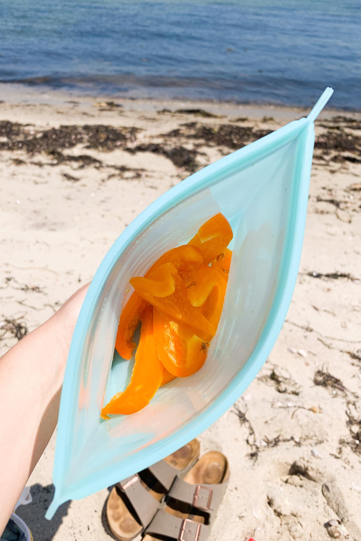 bell pepper slices in a bag on the beach