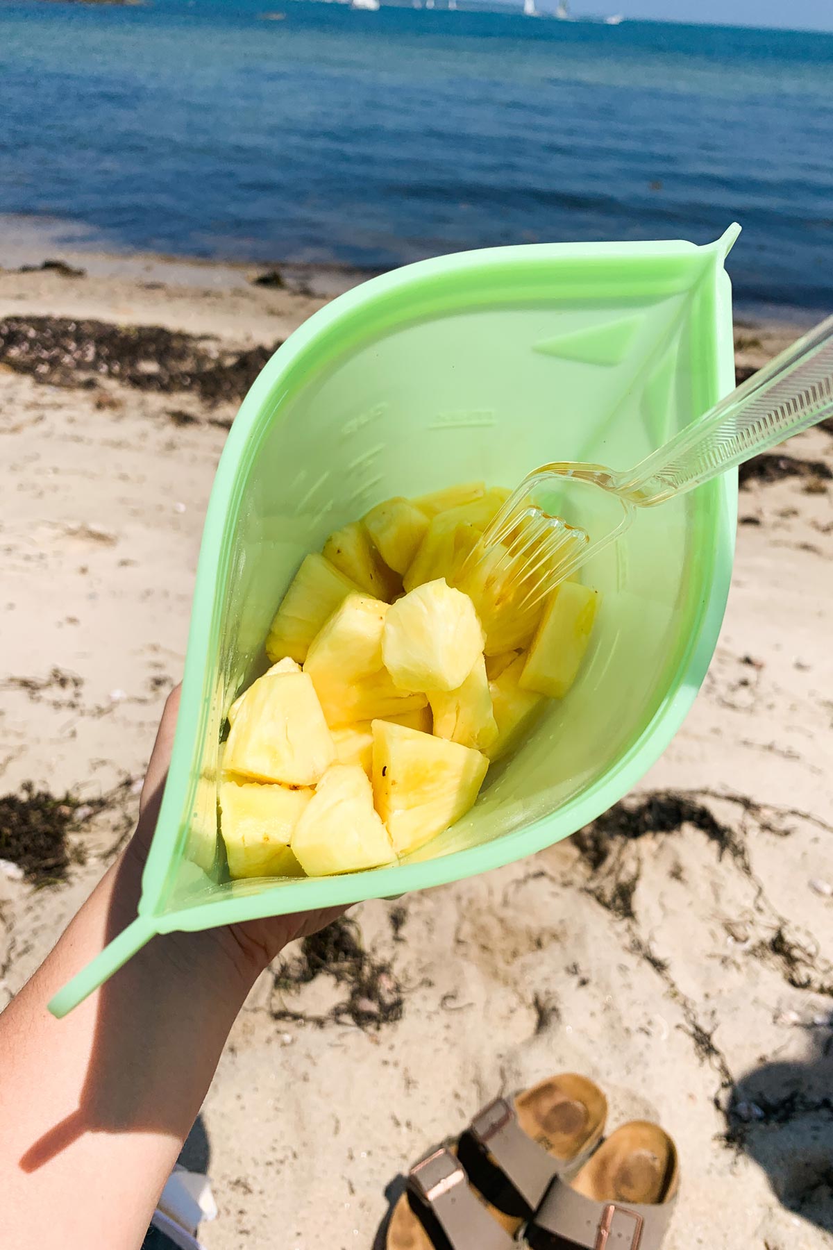pineapple in a bag on the beach
