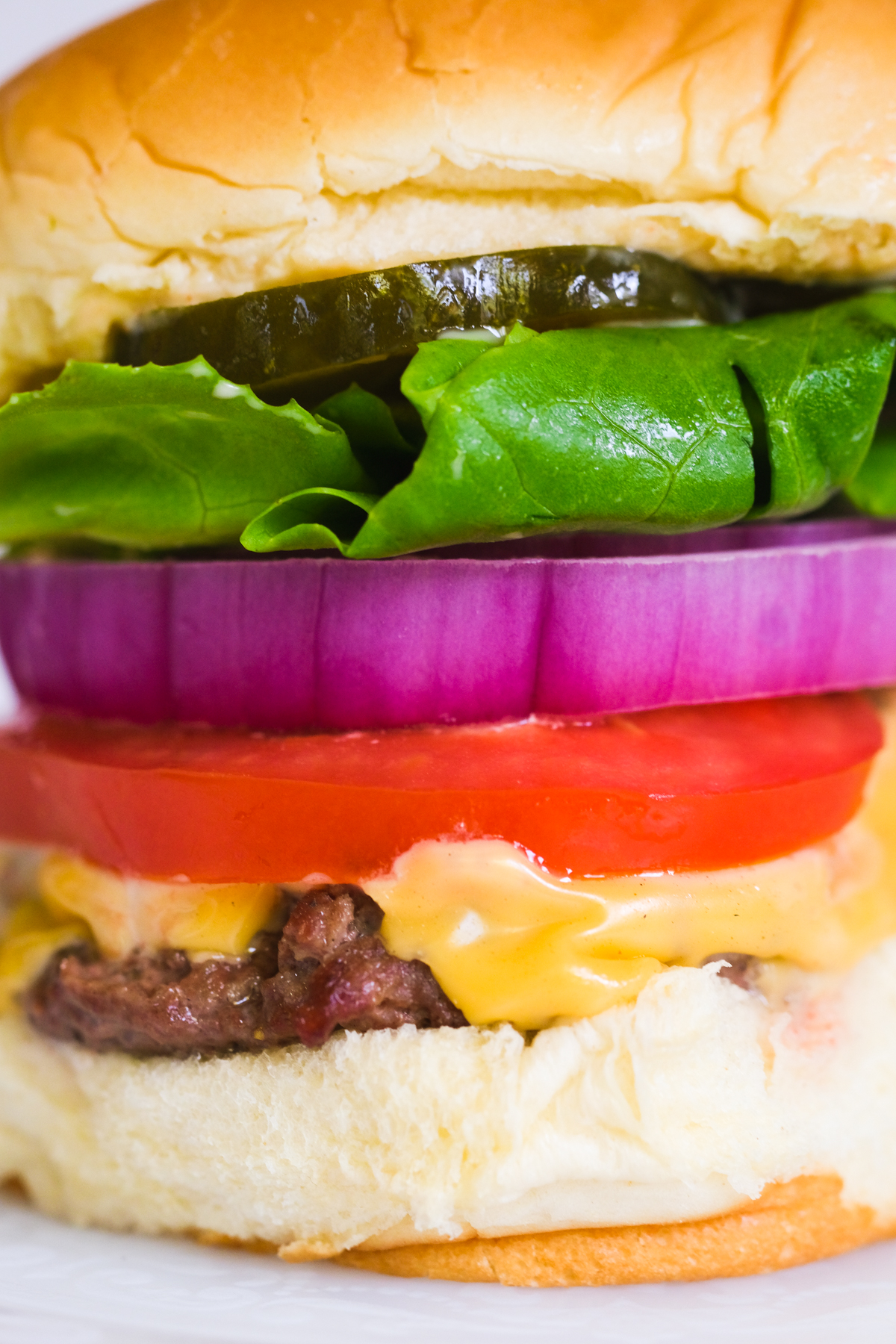 close up of a cheeseburger with tomato onion lettuce and pickles