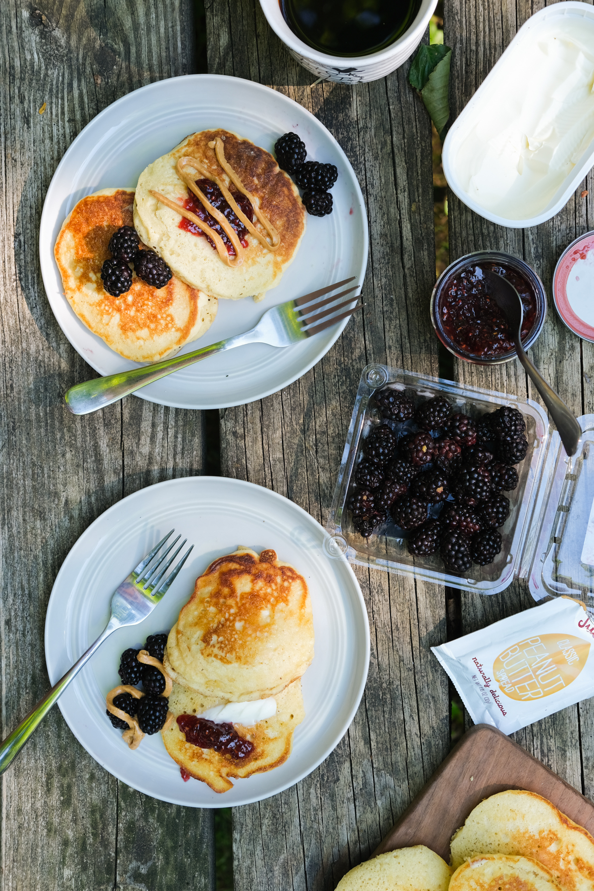 pancakes with alternative toppings on a picnic table