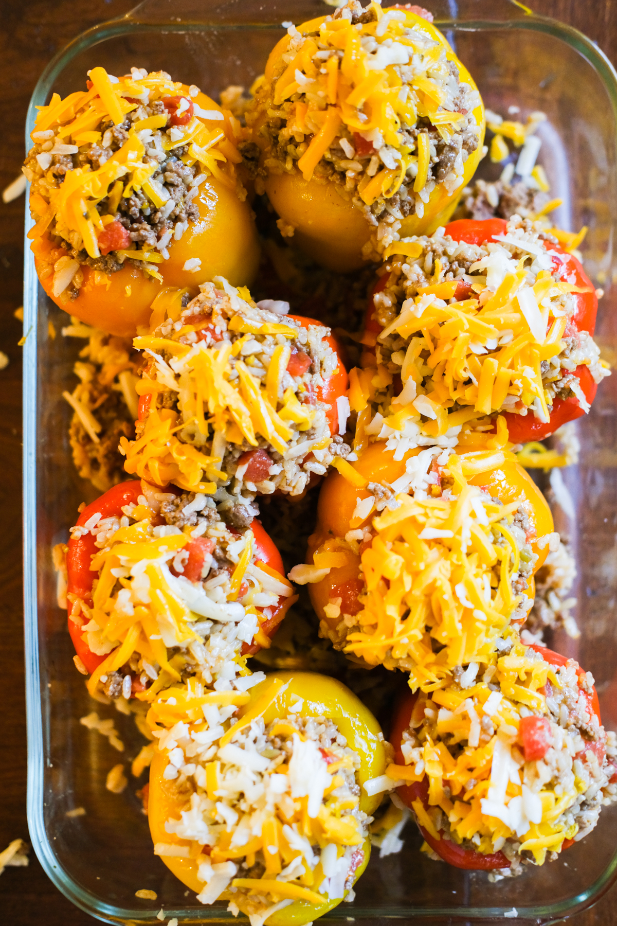 prepared stuffed peppers before they bake in the oven