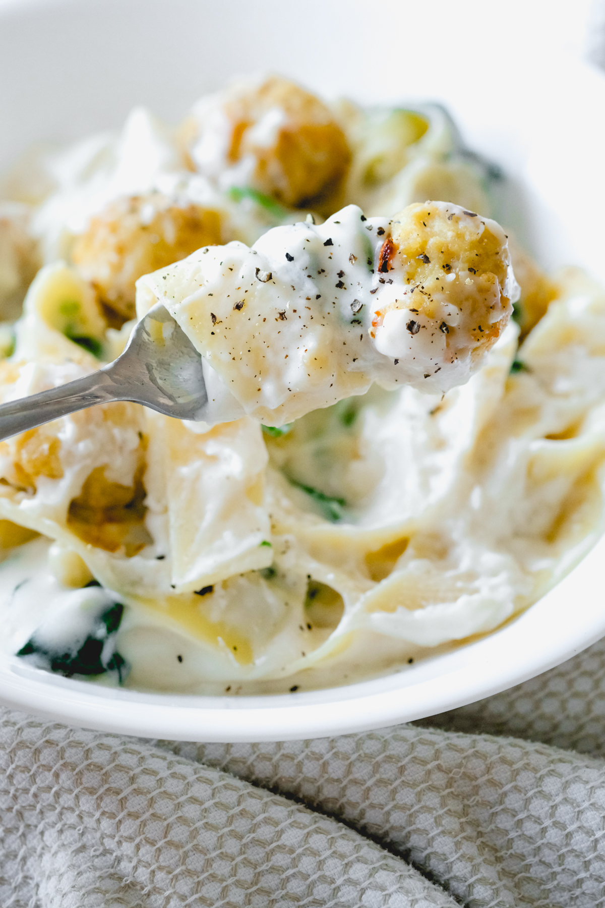 Chicken Meatballs with Cheesy Spinach Pappardelle