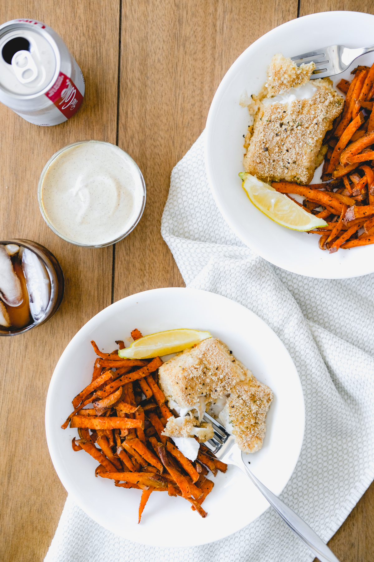 baked fish and chips with spicy brown mustard aioli