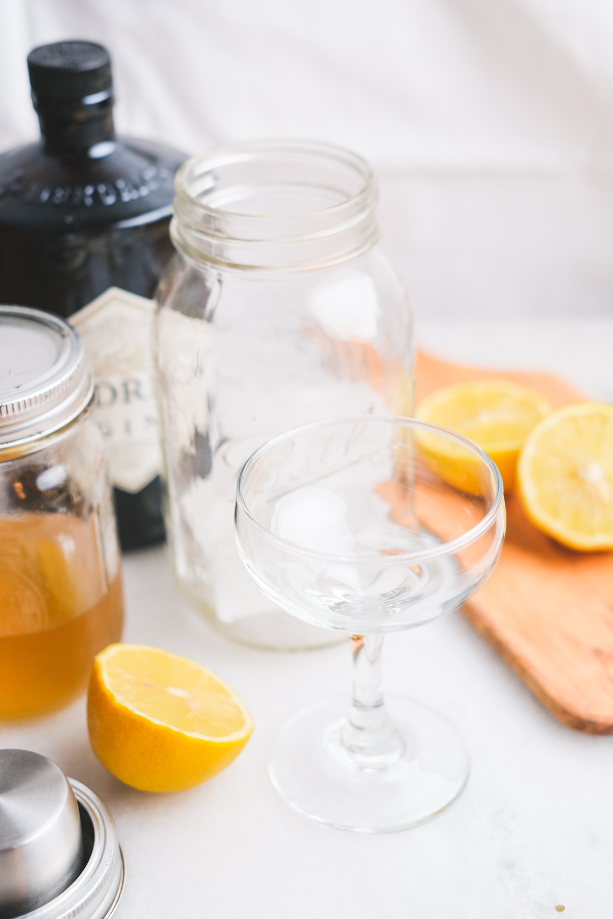 supplies for a honey lemon gimlet cocktail