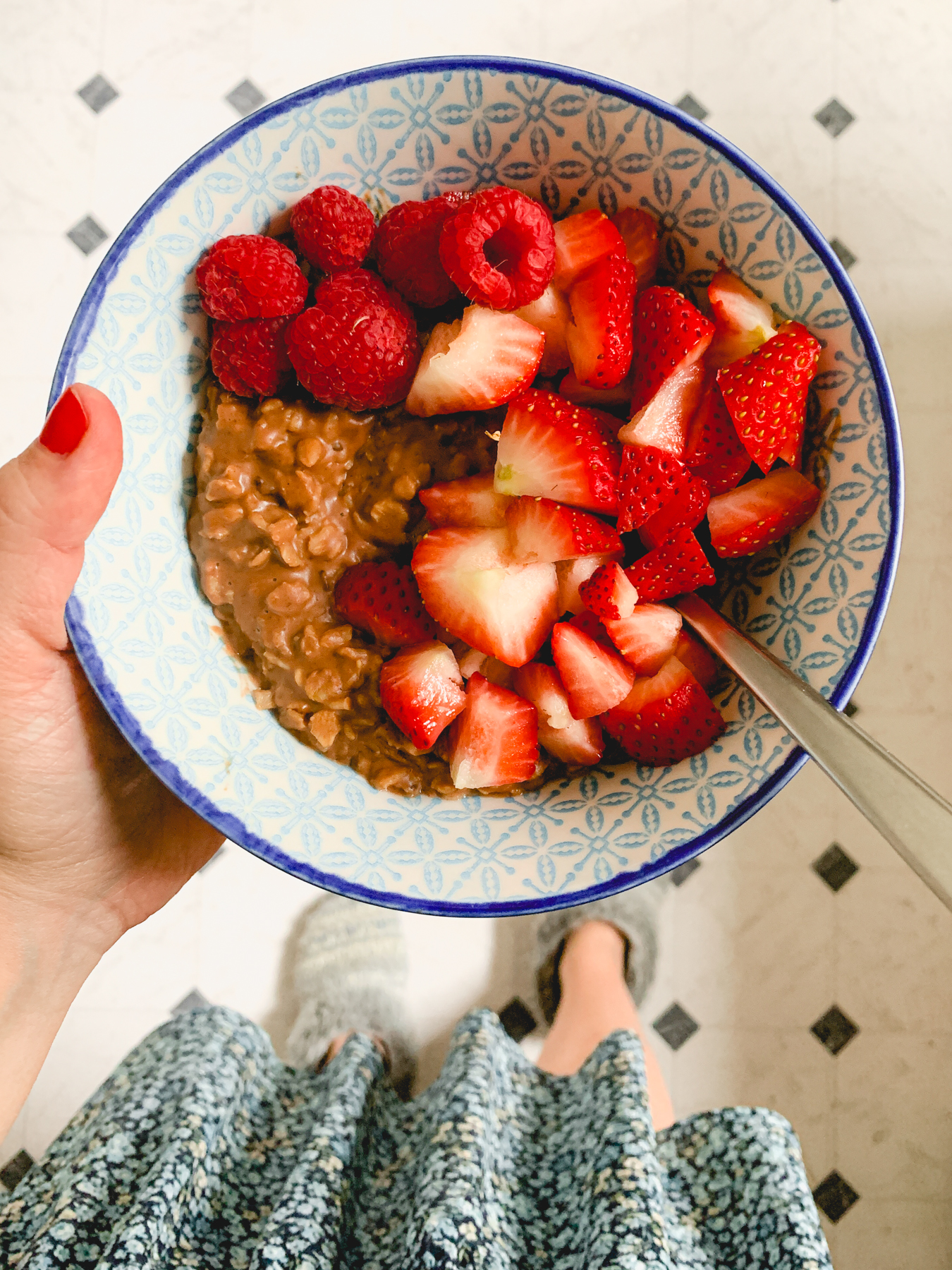 bowl of chocolate oatmeal with strawberries and raspberries
