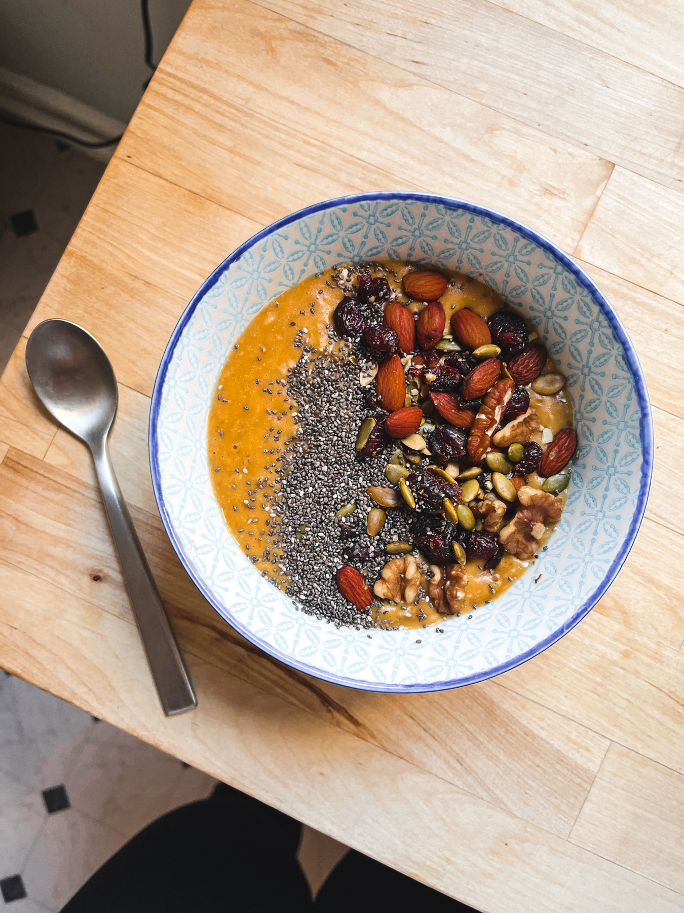 pumpki oatmeal with chia seeds and dried fruit and nut mix