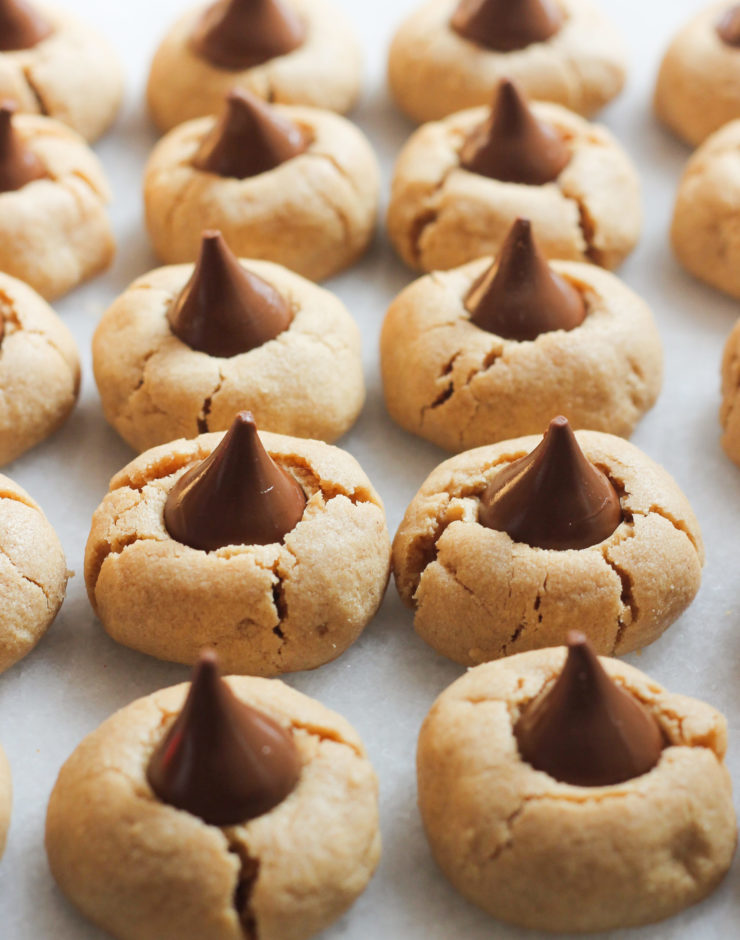 peanut butter chocolate blossom cookies in a row
