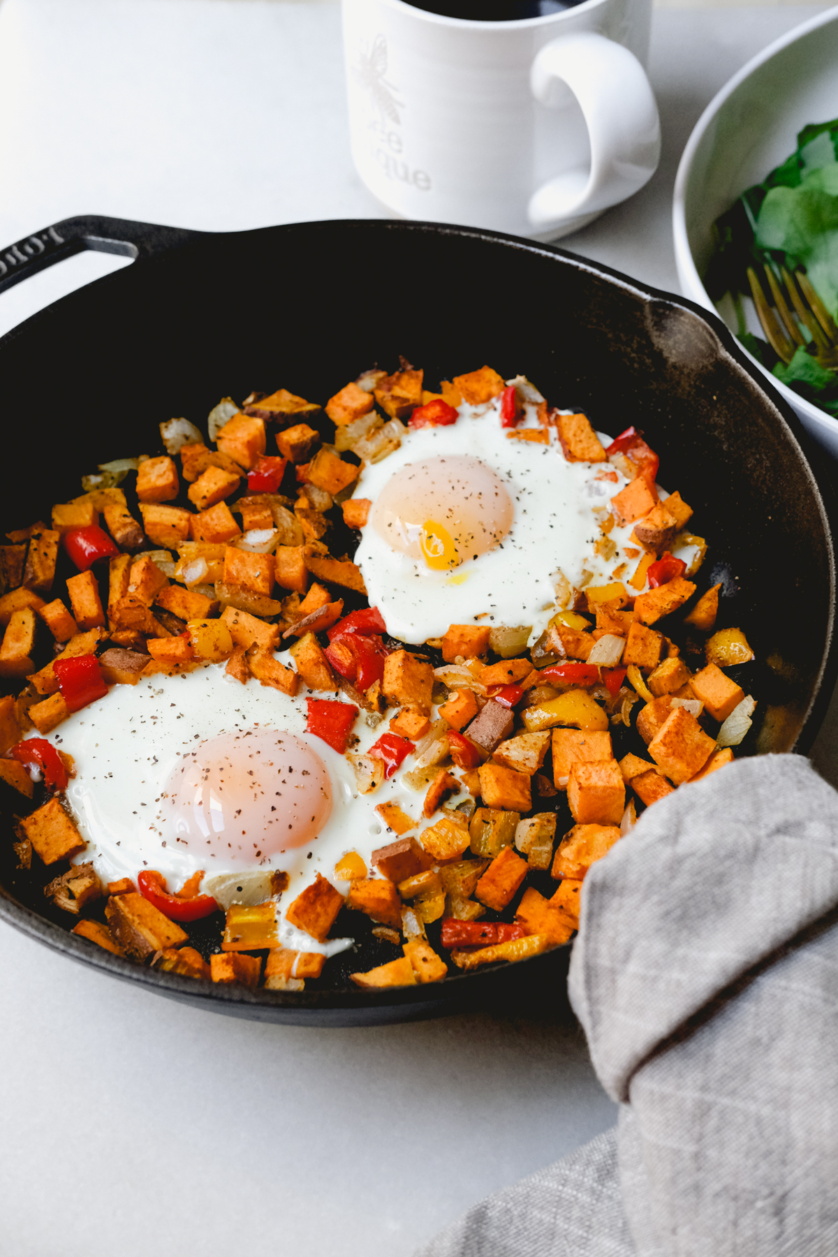 roasted sweet potato hash in a skillet